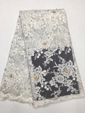 Load image into Gallery viewer, New arrival white embroidered lace fabric for wedding dress french guipure with big beads and rhinestone lace fabric
