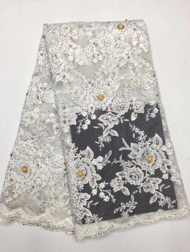 New arrival white embroidered lace fabric for wedding dress french guipure with big beads and rhinestone lace fabric