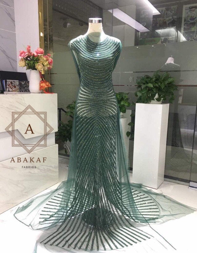Haute Couture Green Bridal Unique Design Dress Size Trail Luxurious Body Hand-made Beaded Appliqué